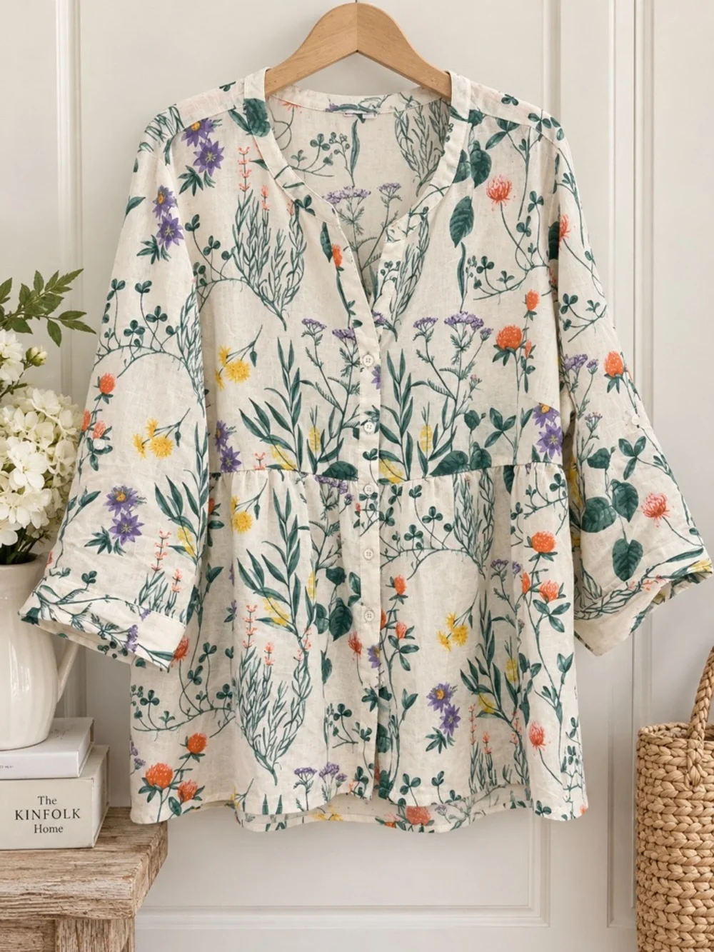 Laura Ashley 2X Linen Rayon Blend Botanical Floral Tunic Blouse 3/4 Sleeve